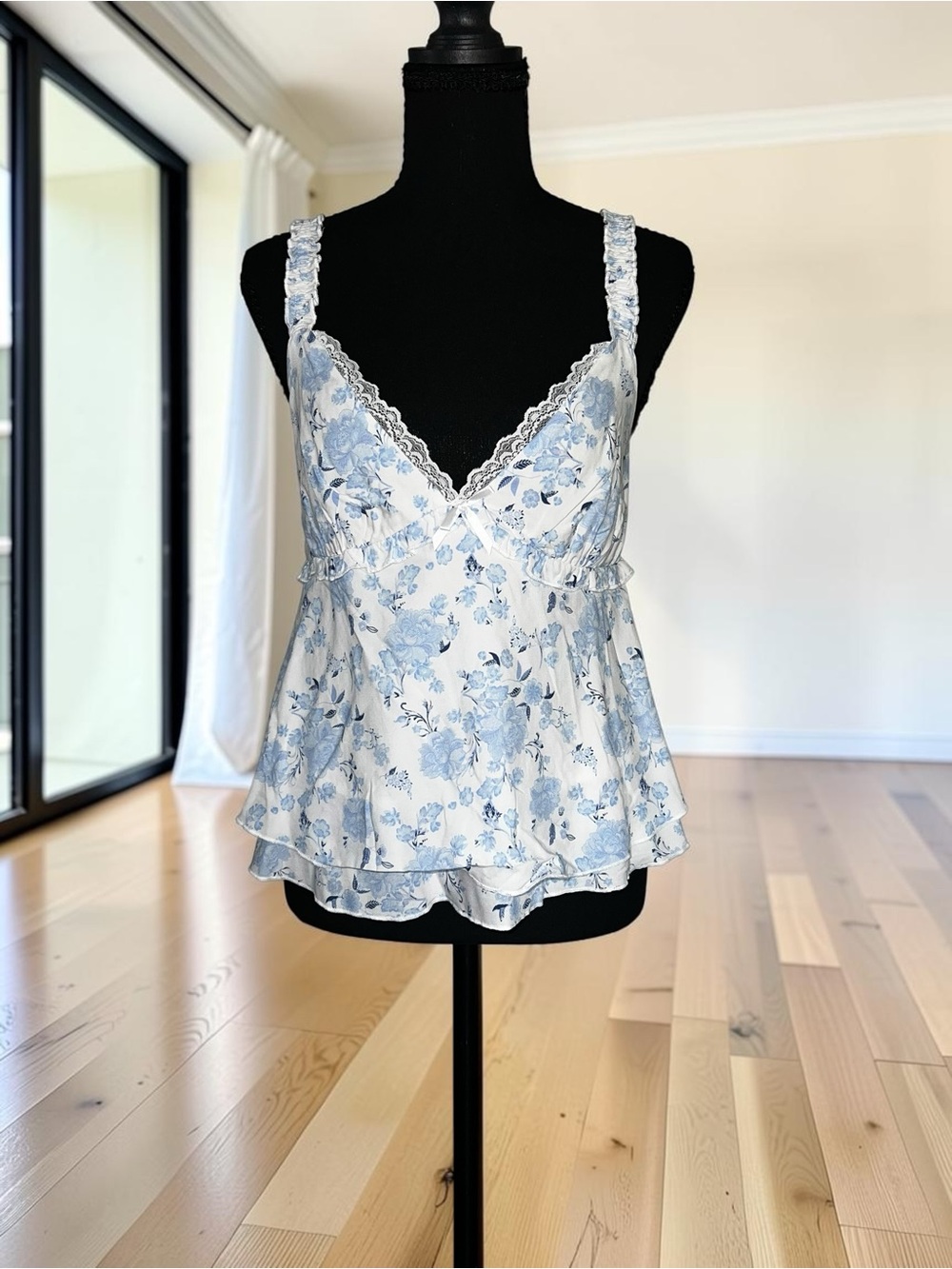 No Boundaries Light Blue Floral Lace-Trim Cami